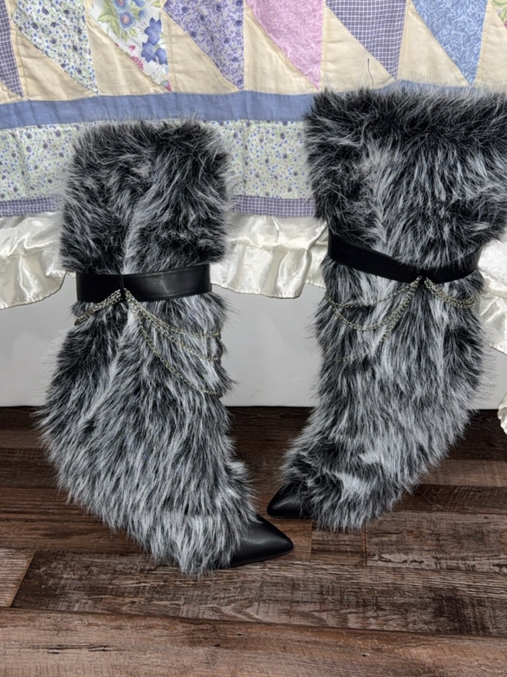 Faux Fur Black & Gray Chain-Detail Knee Boots